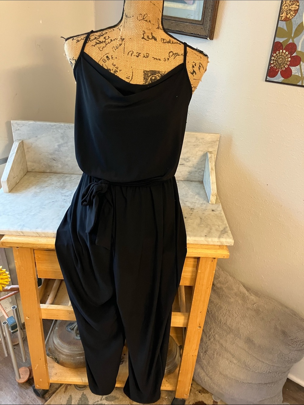 bebe Black Cowl-Neck Wide-Leg Jumpsuit with Tie Waist